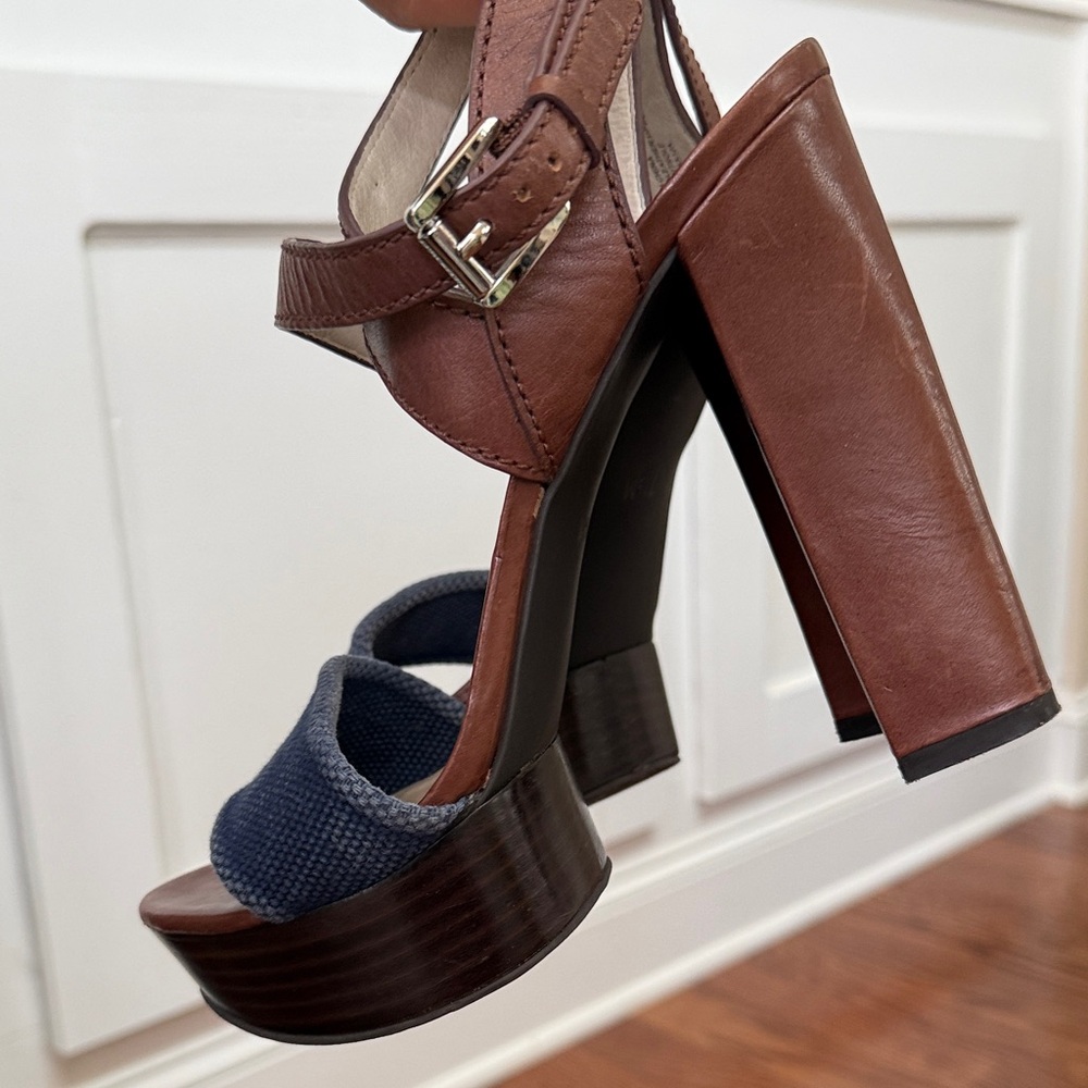 Michael Kors Brown Leather Platform Heels Denim Strap Size 7.5 | Y2K Block Heel - Picture 10 of 11